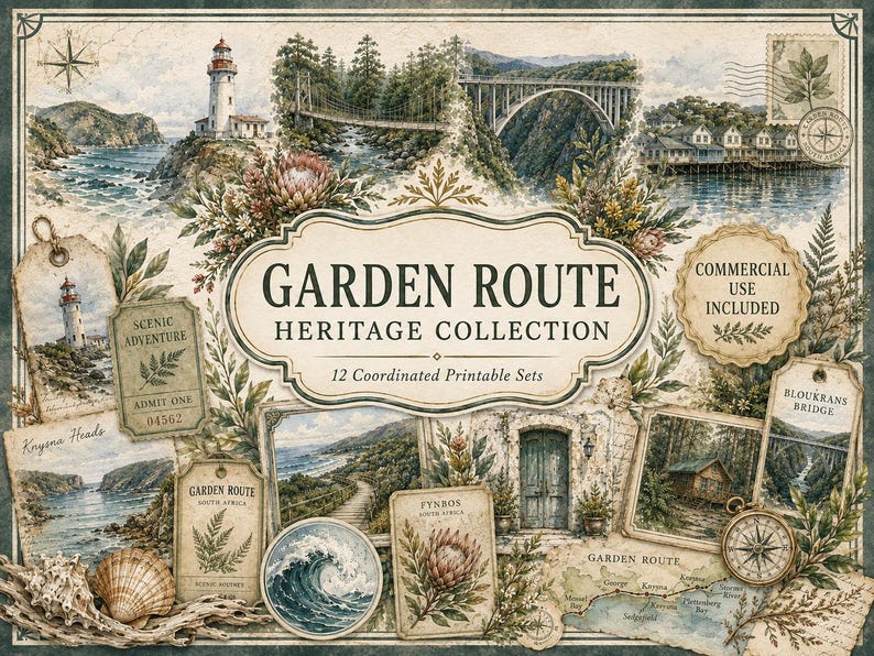 Garden Route Junk Journal Kit, 12 Printable Heritage Papers and Ephemera, South Africa Scrapbook